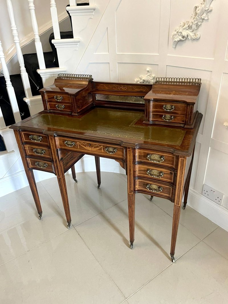 Fine Quality Antique Victorian Freestanding Maple & Co. Inlaid Writing Desk - Image 2